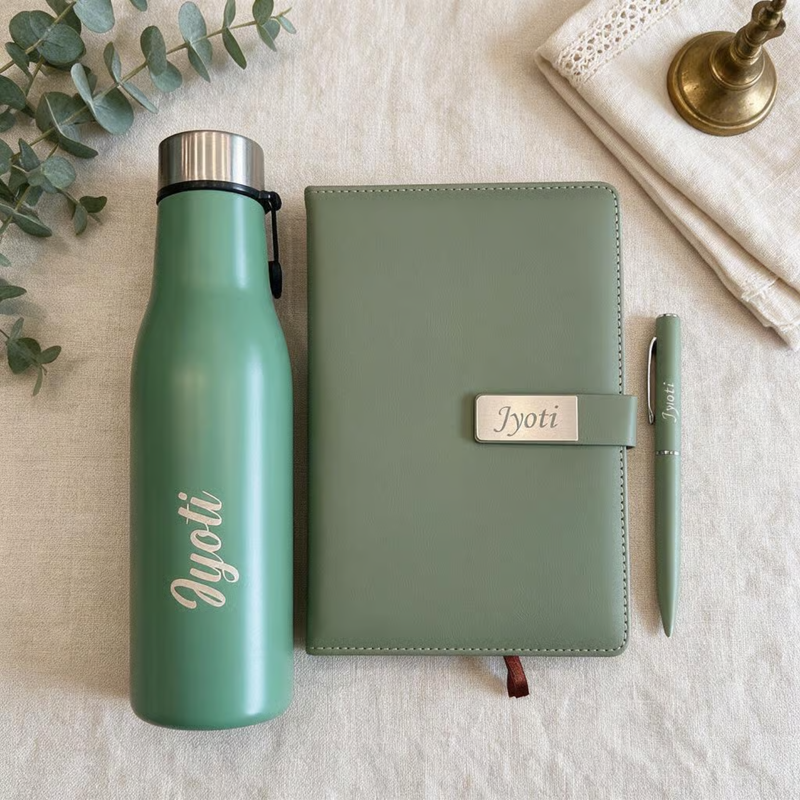 Personalized Glidder 3 in 1 Gift Set | Custom Name Bottle Diary & Pen Combo | Corporate Birthday Office Gifting Set