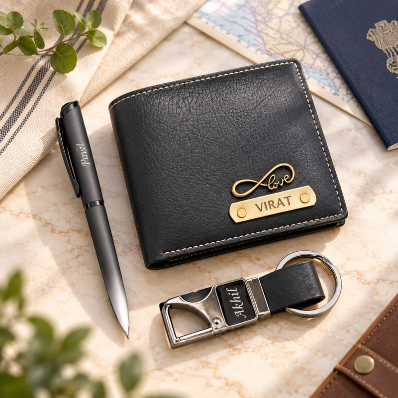 Nexon Customised Wallet Pen & Keychain Combo | Personalised Men Wallet, Pen & Bottle Opener Keychain Gift Set | Premium Accessories Hamper