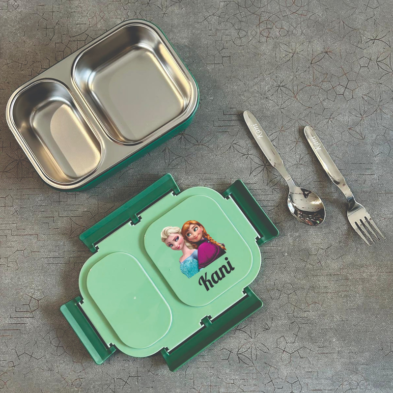 Personalized Bento 2 Partition Lunch Box | Stainless Steel Inner Lunch Container with Fork & Spoon | Custom Name Lunch Box for Kids, Adults, Office, School & Travel