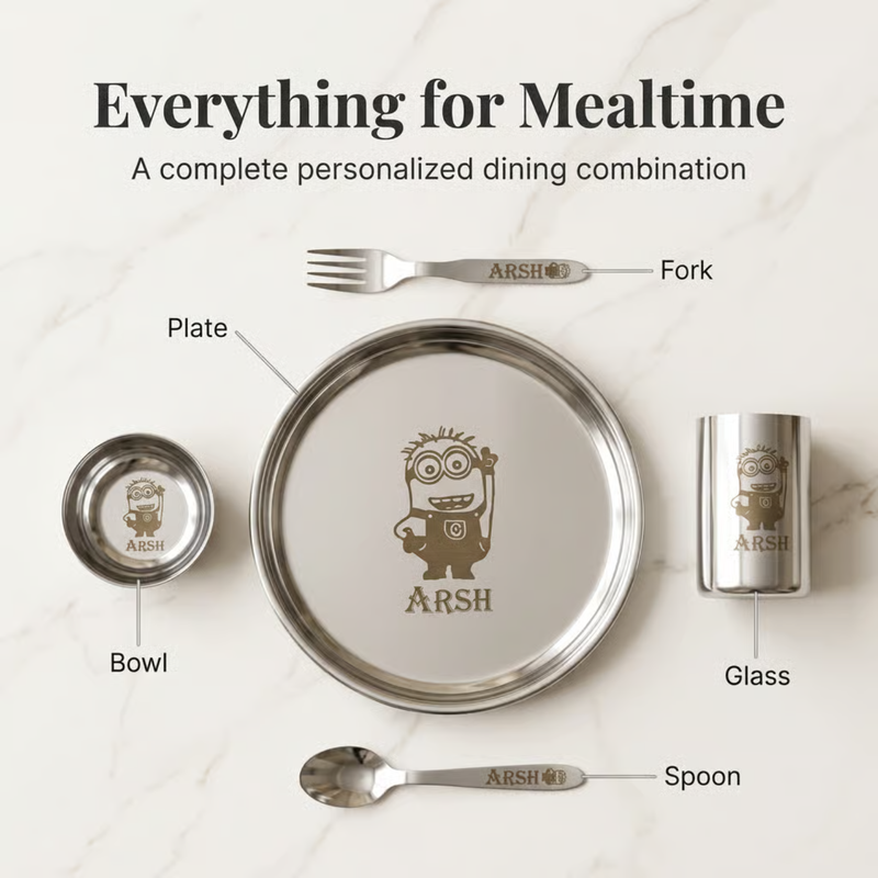 Personalized Round Dinner Set | Custom Name Plate Bowl Glass Fork & Spoon | Stainless Steel Kids Dining & Gifting Set