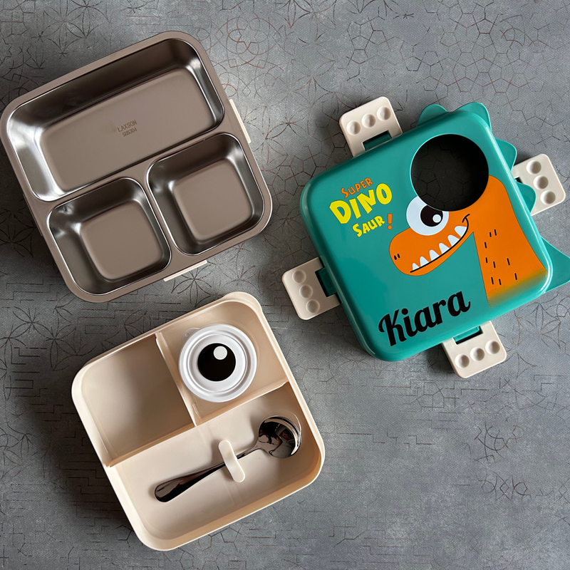 Personalized Lunch Box for Kids | 2 Partition & 3 Partition Stainless Steel Lunch Box with Fork & Spoon | Custom Cartoon Design