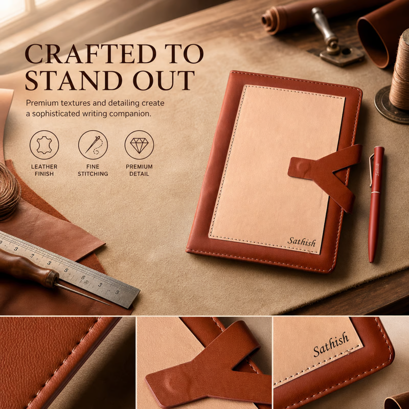 Regal Personalised Diary Pen Set | Premium Leather Finish Diary with Custom Name Panel & Matching Pen | Elegant Office Stationery Gift Set for Professionals