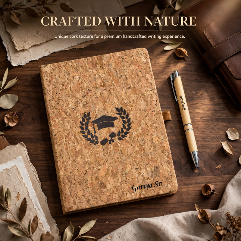 Cork Personalised Diary Pen Set | Premium Eco Style Diary with Custom Name & Matching Pen | Elegant Gift Set for Office Students Professionals Birthday