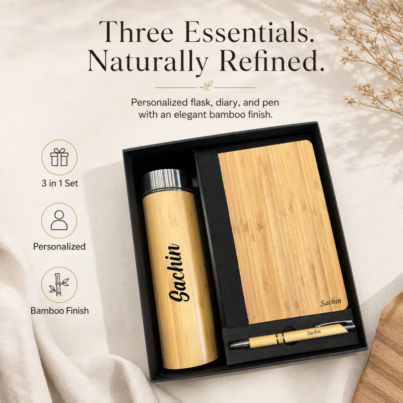 Personalized Maple 3 in 1 Gift Set | Custom Name Flask Diary & Pen Combo | Bamboo Finish Corporate Birthday Office Gifting Set