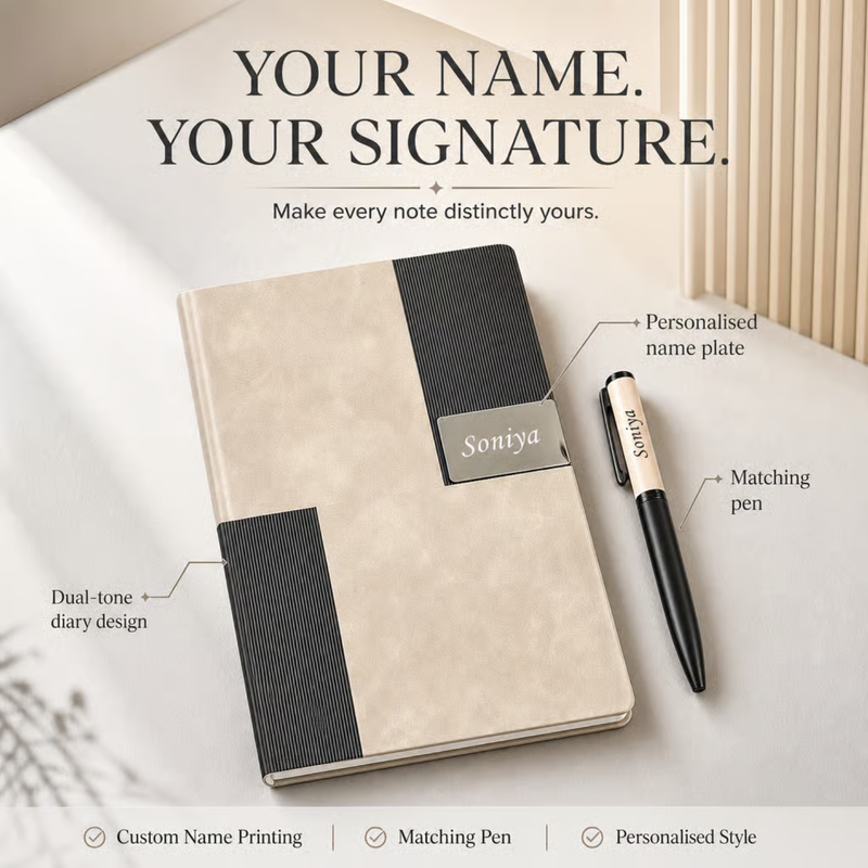 Titanium Luxe Personalised Diary Pen Set | Premium Dual Tone Diary with Custom Name Printing & Elegant Matching Pen | Luxury Office Stationery Gift Set
