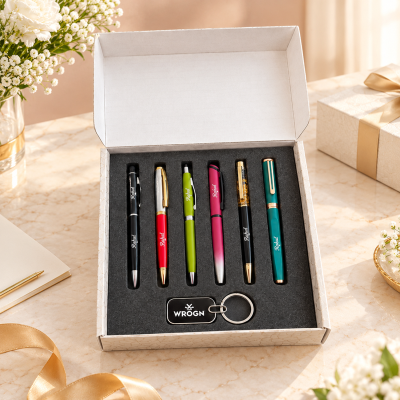6 in 1 Personalised Pen Gift Set | 6 Stylish Pens with Keychain | Premium Gift Set for Men & Women
