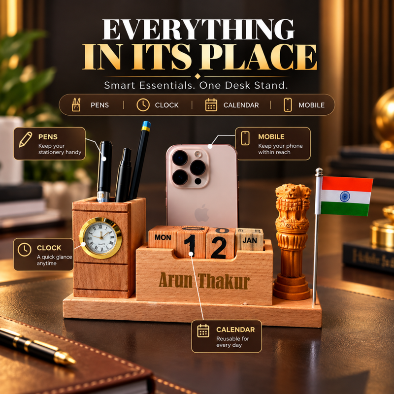 Personalised Emblem Pen Stand with Clock & Flag | Custom Desk Organiser