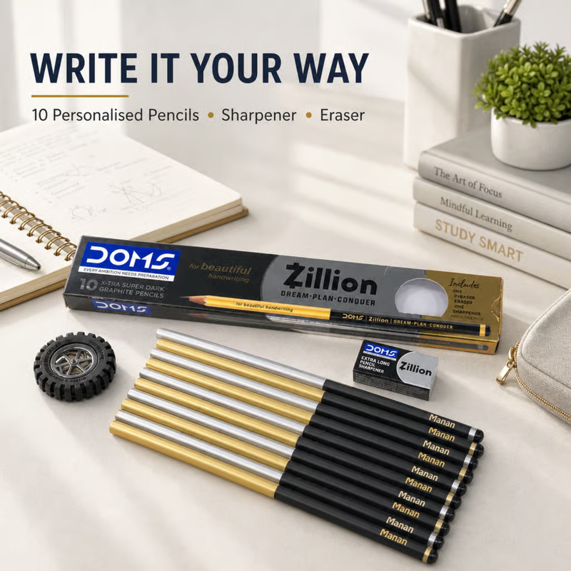 Personalized Pencil Set | 10 Pencils with Sharpener & Eraser | DOMS Zillion, DOMS Superio, Apsara Matt Magic 2.0 & DOMS Y1 Variants