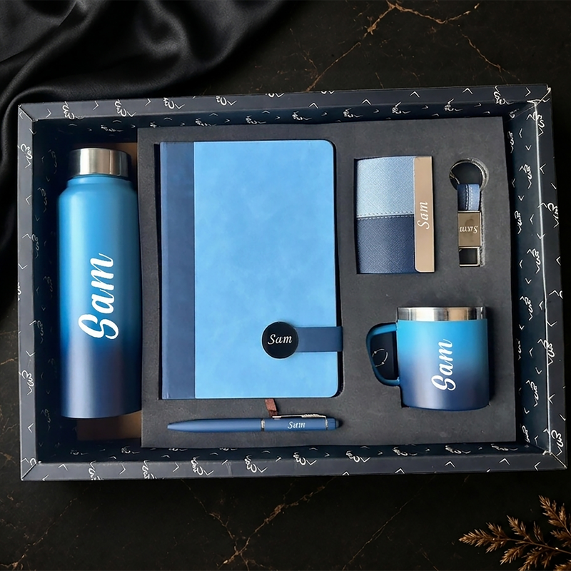 Personalized Dual Tone 6 in 1 Gift Set | Custom Name Diary Bottle Pen Keychain Card Holder & Mug Combo | Corporate Birthday Office Gifting Set