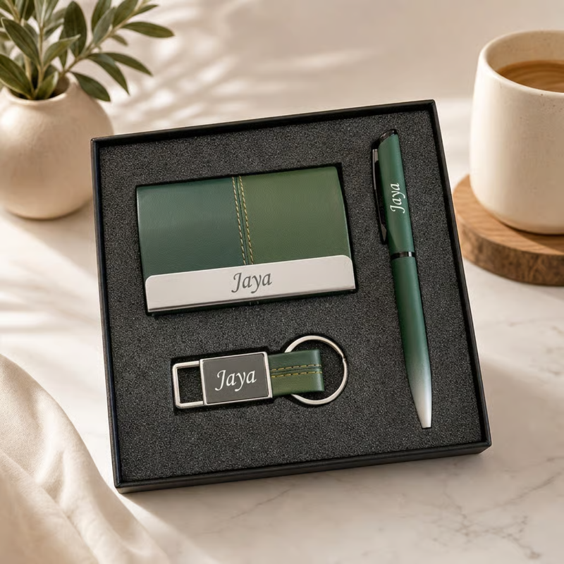 Personalized Dual Tone 3 in 1 Gift Set | Custom Name Card Holder Pen & Keychain Combo | Corporate Birthday Office Gifting Set