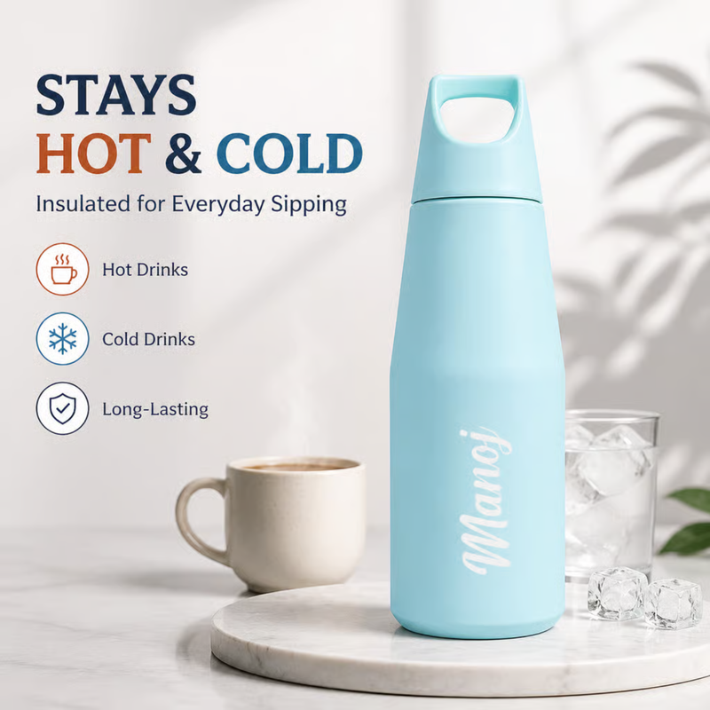 Customised Tricone Stainless Steel Vacuum Flask 500ml | Personalized Hot & Cold Insulated Water Bottle with Carry Loop | Leakproof Travel Flask for Office, School, Gym & Daily Use