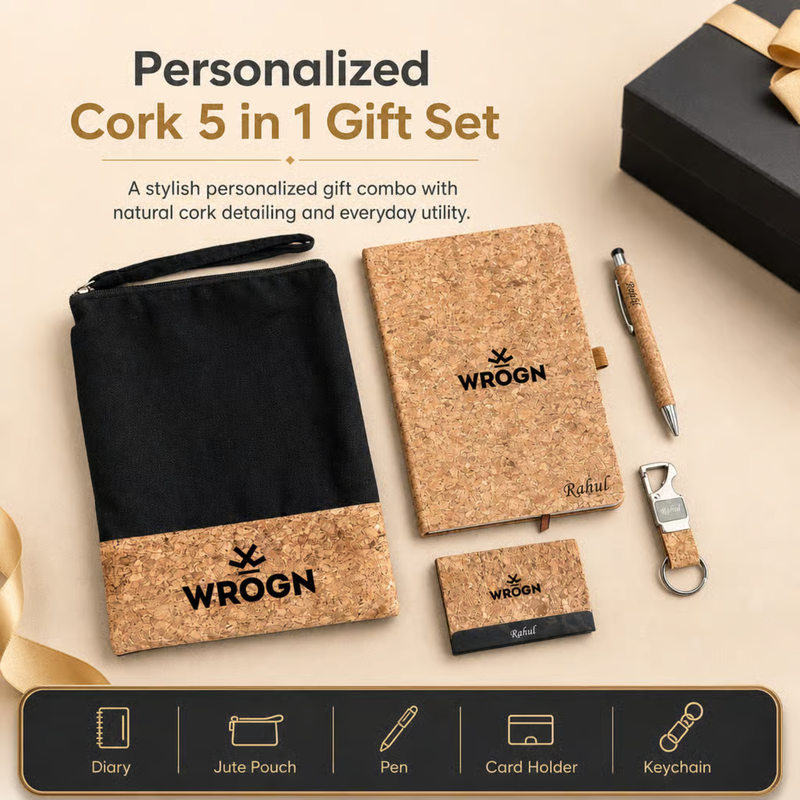 Personalized Cork 5 in 1 Gift Set | Custom Name Diary Jute Pouch Pen Card Holder & Keychain Combo | Corporate Birthday Office Gifting Set