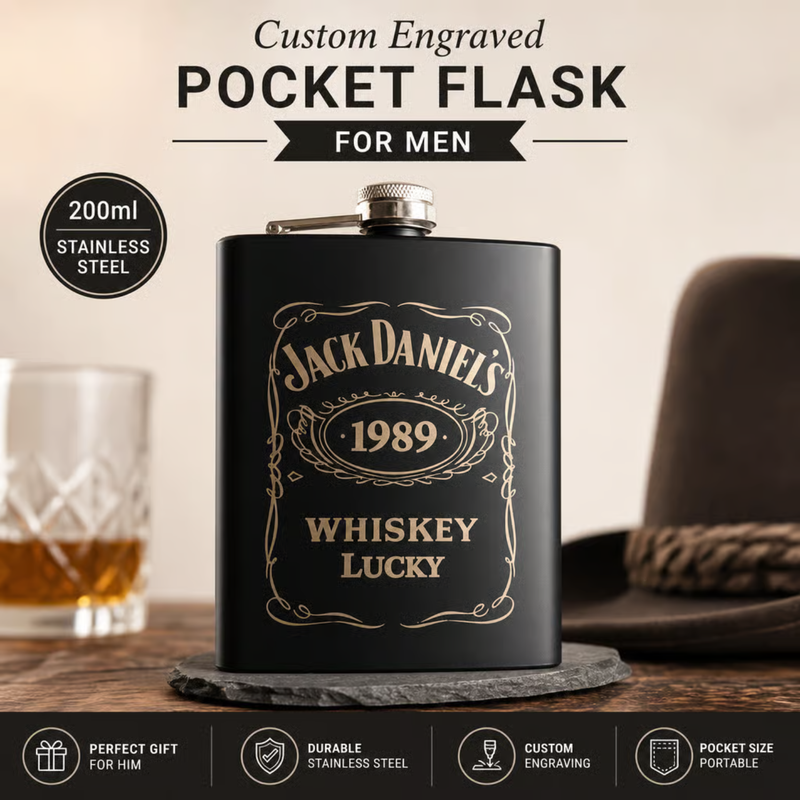 Personalized Stainless Steel Hip Flask 200ml | Custom Engraved Pocket Flask for Men | Elegant Whiskey Flask Gift | Travel Drinkware for Parties Weddings Birthdays