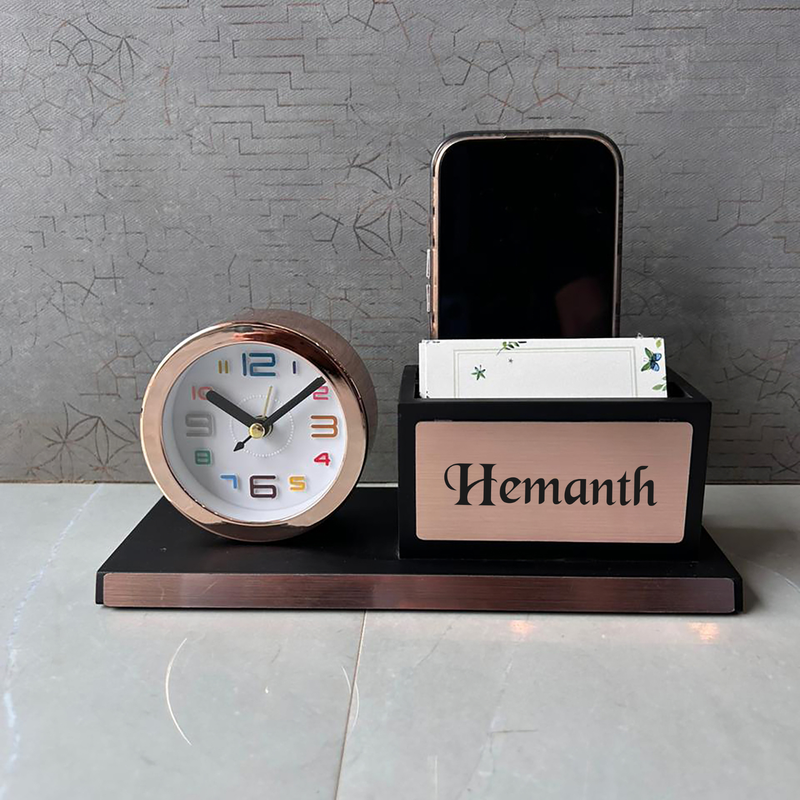 Personalised Rose Gold Pen Stand with Mini Clock | Premium Desk Organizer with Mobile Holder | Office Table Accessory Gift