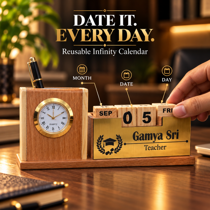 infinity calendar cubes, pen holder, mobile holder , mini clock attached