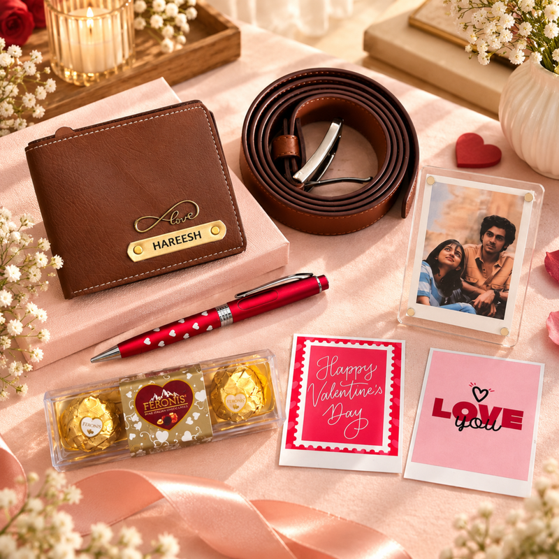 Mavericks Personalized Gift Set for Men | Wallet Belt Pen Polaroid Magnet & Chocolate Combo | Premium Custom Gift Hamper for Husband Boyfriend Birthday Anniversary