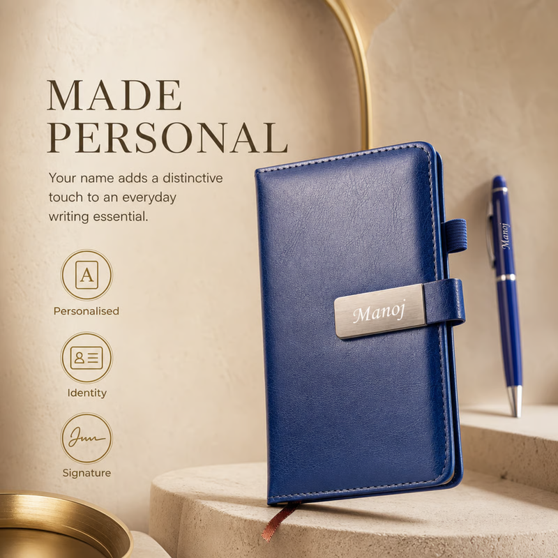 Pocket Personalised Diary Pen Set | Compact Premium Diary with Custom Name Plate & Matching Pen | Stylish Portable Office Stationery Gift Set