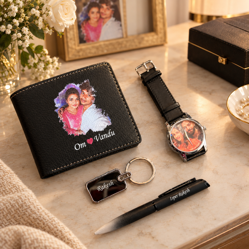 Camry Customised Gift Set | Personalised Photo Wallet, Photo Wrist Watch, Pen & Keychain Combo | Premium Gift Hamper for Birthdays, Anniversaries & Special Occasions