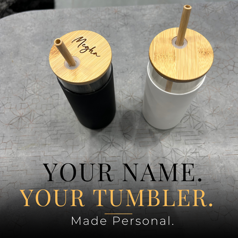 Personalised Bamboo Glass Tumbler | Glass Mug with Bamboo Lid & Straw