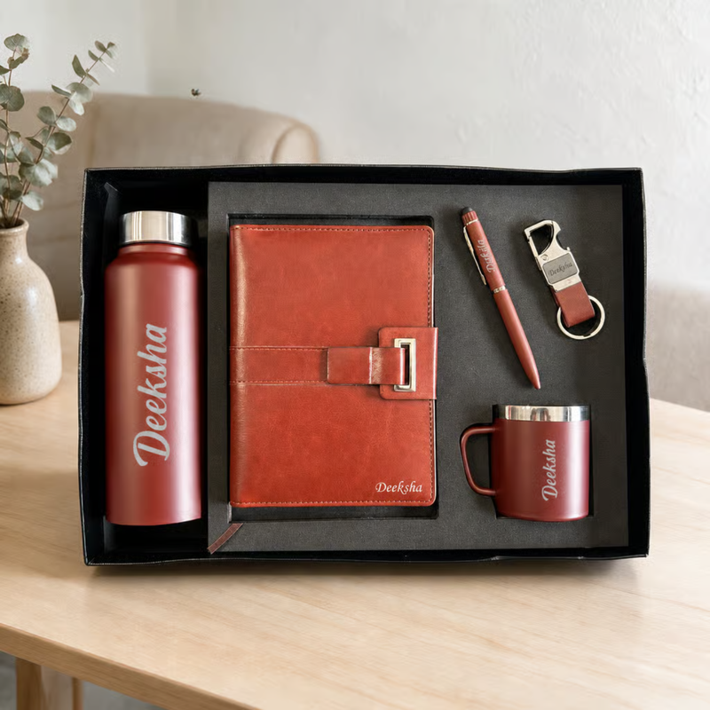 Personalized 5 in 1 Gift Set | Custom Name Diary Bottle Pen Keychain & Cup Combo | Gift Set for Birthday Corporate Office & Special Occasions