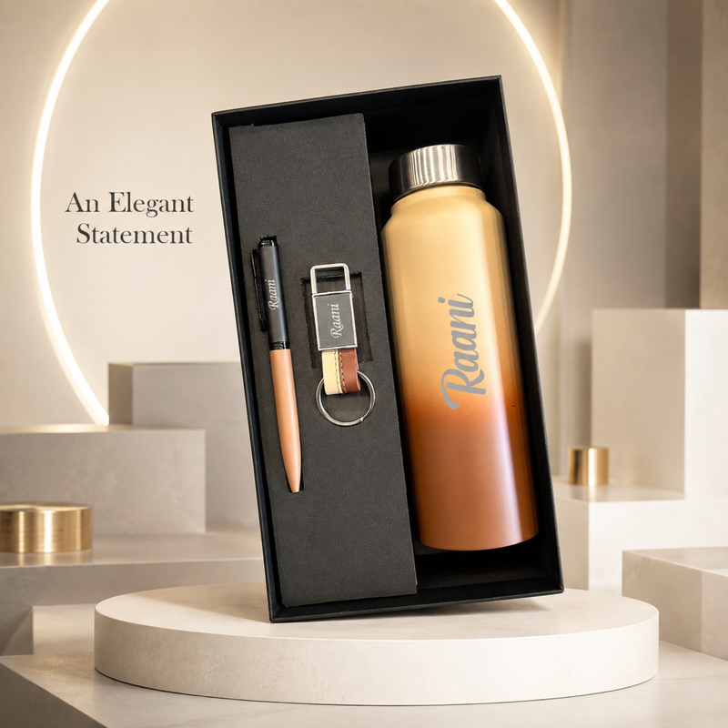 Personalized Pebble 3 in 1 Gift Set | Custom Name Bottle Pen & Keychain Combo | Corporate Birthday Office Gifting Set