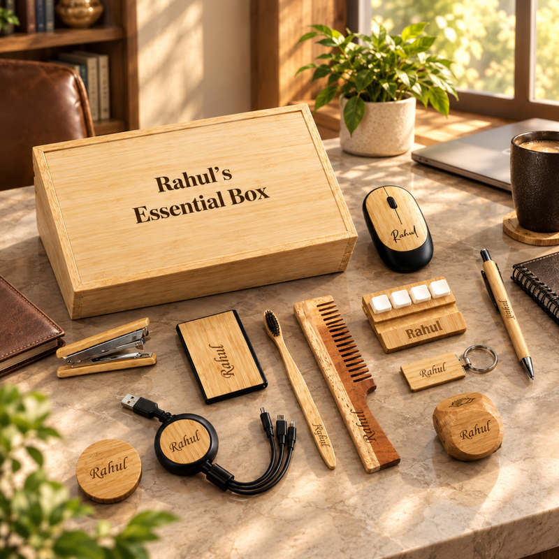 Bamboo Customised Essential Gift Set | Personalised Wooden Box with Toothbrush, Hair Brush, Stapler, Bottle Opener, Cable Set, Card Holder, Pen, Keychain, Mobile Holder & Mouse