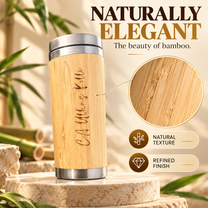 Personalised Bamboo Travel Mug | 400ml Wooden Finish Coffee Tumbler