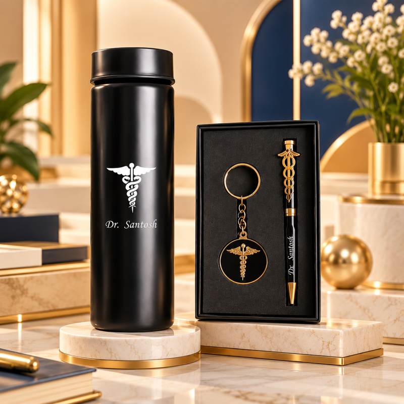 Personalised Doctor Signature Gift Set | LED Flask Doctor Pen Keychain Coat Pen Stand Ceramic Mug & Paper Weight | 6-Piece Gift Set