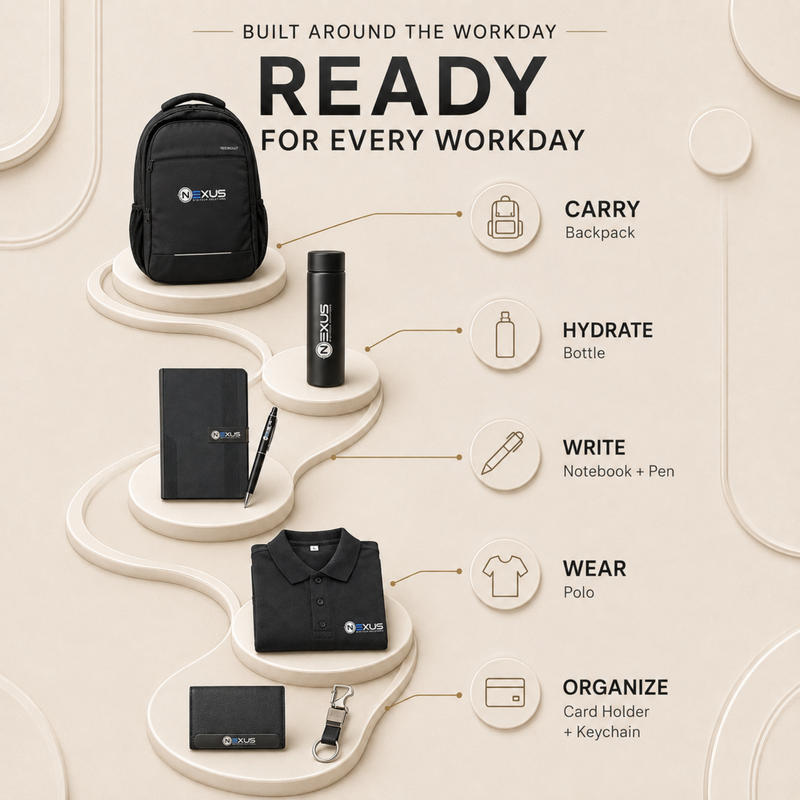 Welcome Kit 2.0 | 7 in 1 Corporate Employee Joining Gift Set | Backpack Bottle Diary Polo T-Shirt Pen Keychain & Card Holder