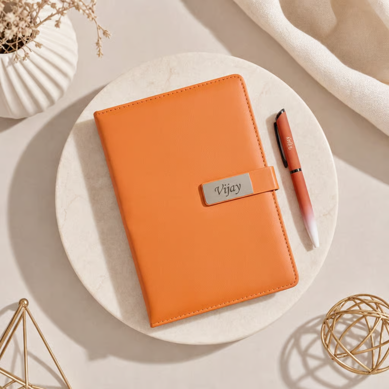 Vega Personalised Diary Pen Set | Premium Leather Finish Diary with Custom Name Printing & Matching Pen | Luxury Office Stationery Gift Set for Professionals