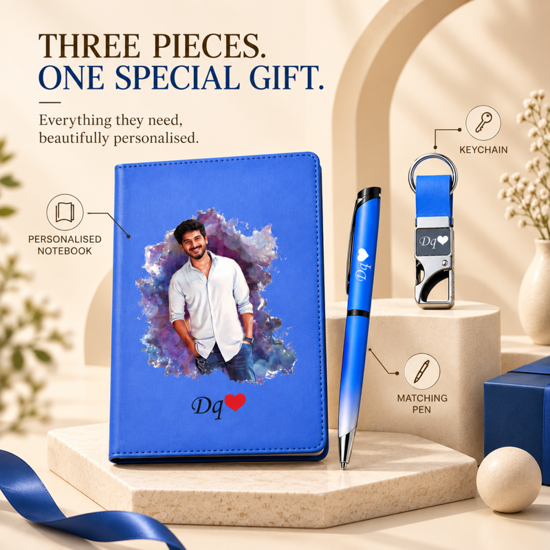 Personalized Artistic 3 In 1 Combo Gift Set | Custom A5 Diary with Pen & Keychain | Premium Corporate Gift Set for Men & Women