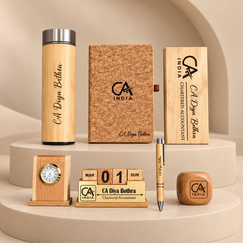 Personalised Bamboo Professional Gift Set | Flask Cork Diary Name Plate Pen Stand Bamboo Pen & Paper Weight | 6-Piece Gift Set