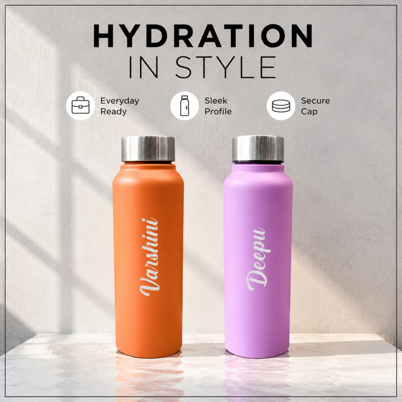Personalised Name Water Bottle with Custom Text | Reusable Bottle with Stainless Steel Lid