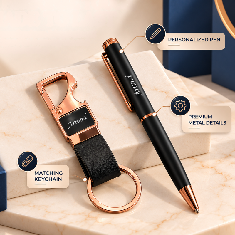 Rose Gold Pen & Keychain Set | Stylish Pen with Matching Hook Keychain | 2-Piece Personalized Gift Set for Men & Women