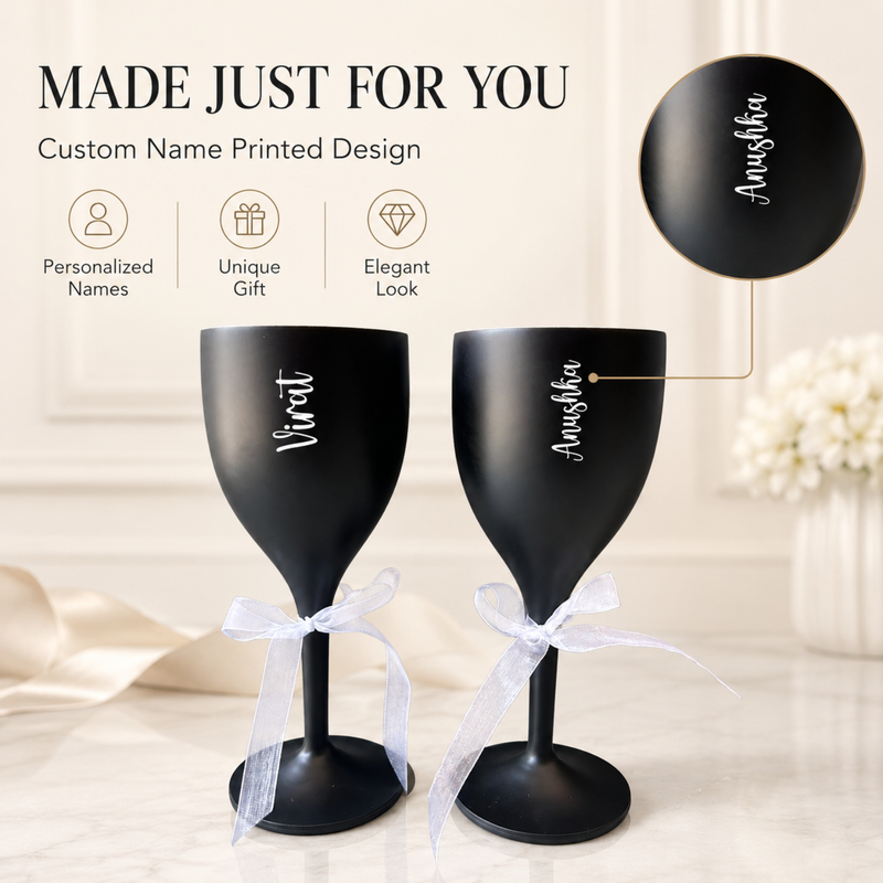 Personalized Wine Glass Set of 2 | 300 ml Premium Unbreakable Wine Glasses with Custom Name Printing | Matte Finish Champagne Goblets for Wedding, Anniversary, Couple, Birthday & Gift | Gift Box Available