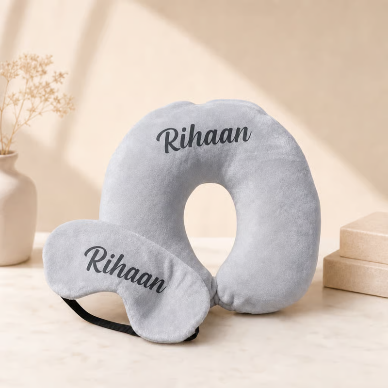 Personalized Travel Pillow & Eye Mask Set | Custom Name Printed Neck Pillow with Matching Sleep Mask | Soft Travel Comfort Set for Flights Car Train & Gifting