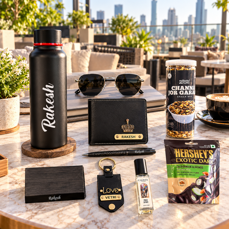 Genz Cool Customised Hamper | Personalised Boro Trek Bottle, Wallet, Pen, Photo Keychain, Sunglasses, Perfume, Snacks & Chocolate Gift Set