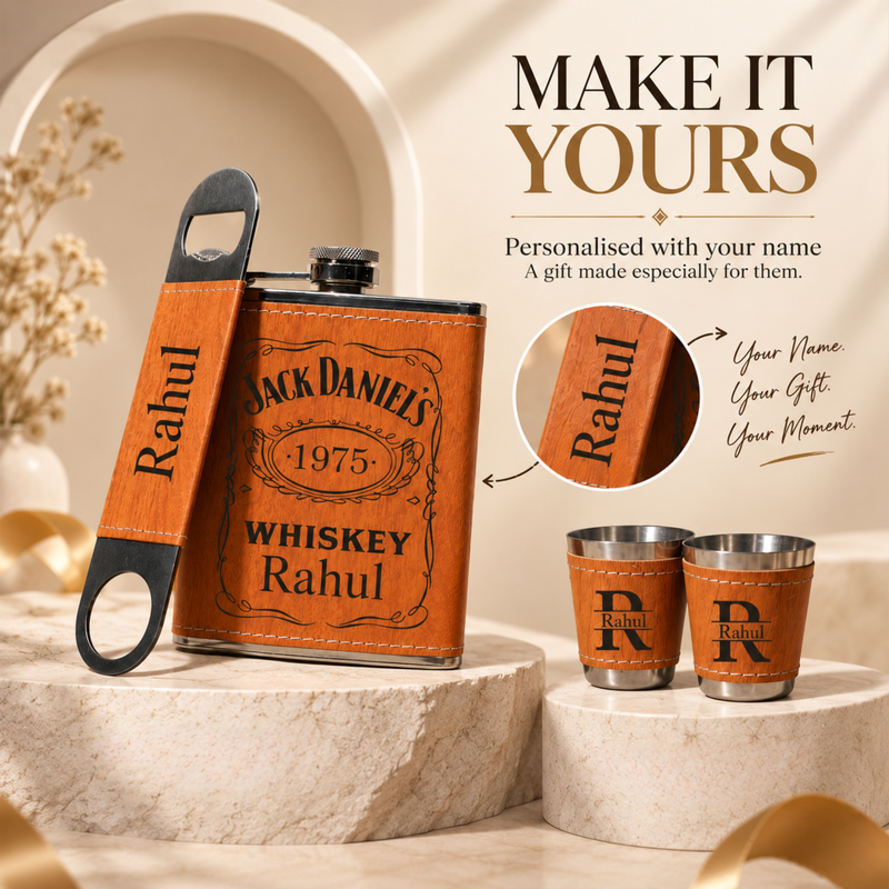 Personalised Hip Flask Gift Set 200ml with 2 Shot Glasses & Bottle Opener | Premium Custom Flask Set for Men