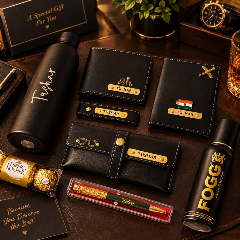 Customised All Occasion Gift Set for Men | Solid Flask, Wallet, Keychain, Eyewear Case, Body Spray, Gold Flake Pen & Ferrero Chocolates | Premium Personalised Gift Hamper
