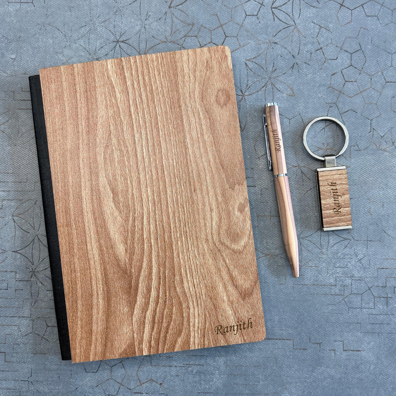 Embassy Gift Set | A5 Wooden Finish Diary with Premium Pen & Personalized Keychain | Luxury Corporate Gift Set for Office Professionals & Special Occasions