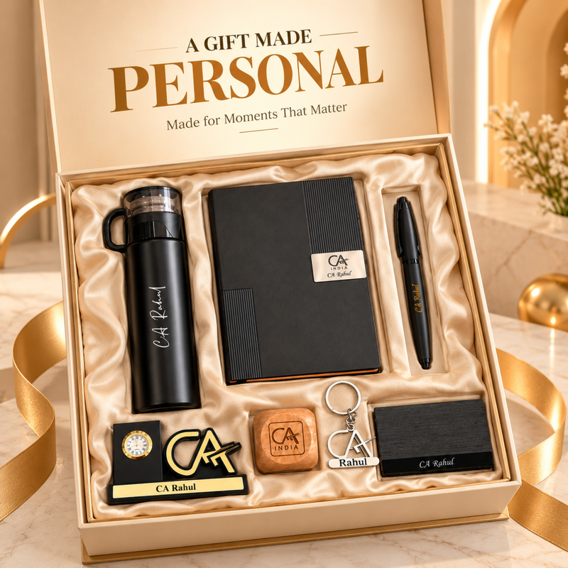 Personalised Legacy Professional Gift Set | Flask Diary Pen Keychain Pen Stand Paper Weight & Card Holder | 7-Piece Gift Set