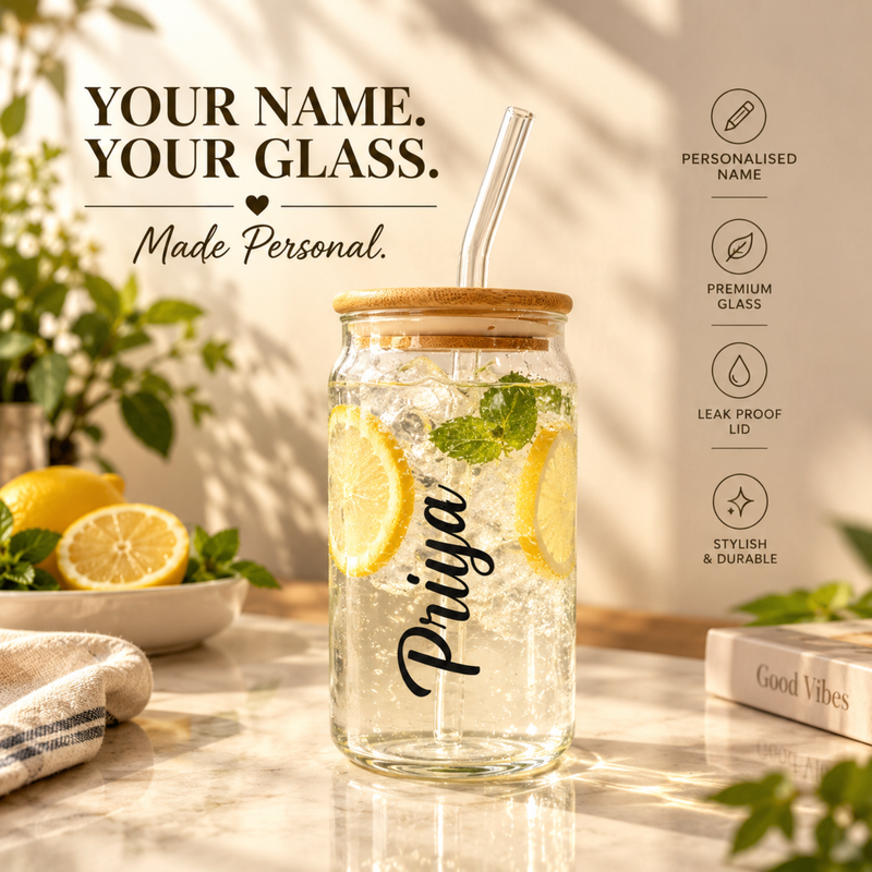 Personalised Borosil Glass Tumbler | Glass Cup with Wooden Lid & Straw