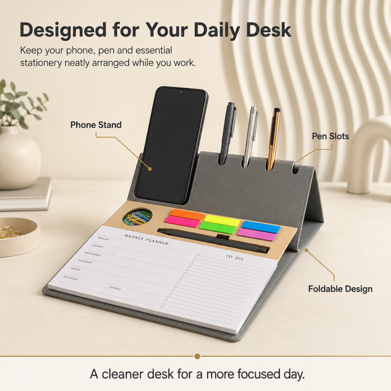 Smart Desk Organiser with Daily Planner | Mobile & Pen Holder with Sticky Notes | Multipurpose Office Desk Planning Organizer