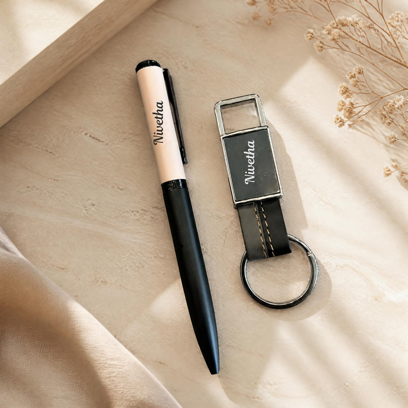 Personalised Dual Tone Pen & Keychain Set | Stylish Pen with Matching Dual Tone Keychain | 2-Piece Gift Set for Men & Women