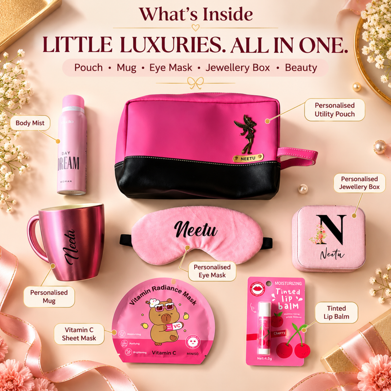 Personalised Woman Luxe Gift Box | Premium Women Gift Hamper with Utility Pouch, Mug, Eye Mask, Jewellery Box & Beauty Essentials