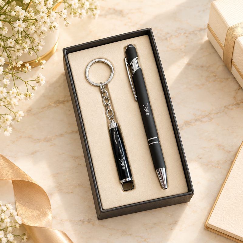 Personalised Bottle Shape Keychain & Pen Set | Stylish Pen with Matching Keychain | 2-Piece Gift Set for Men & Women