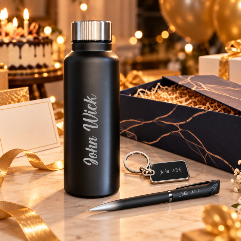 Brittle Customised Gift Set | Personalised Aqua Steel Bottle, Pen & Keychain Combo | Premium Gift Hamper for Birthdays, Corporate Gifting & Special Occasions