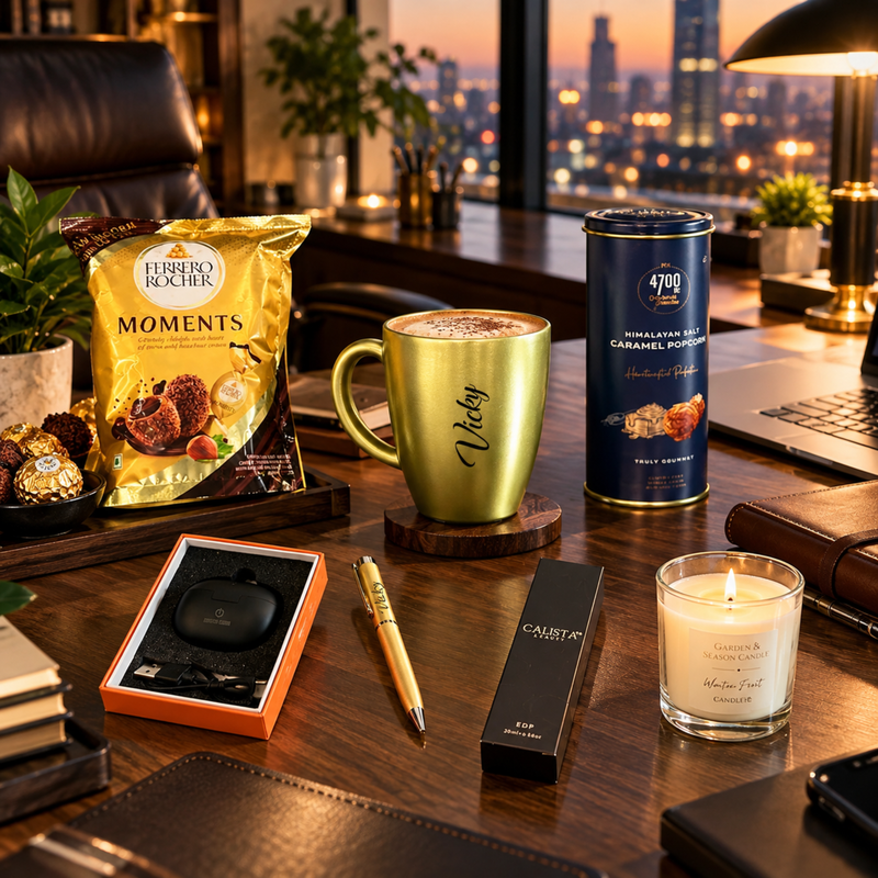 Luxury Customised Gift Hamper | Personalised Bistro Mug, Ferrero Moments, Popcorn, AirPods, Pen, Perfume & Candle Premium Gift Set