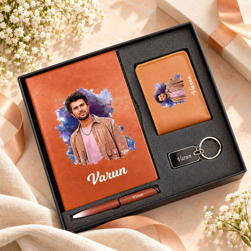 Artistic Customised Gift Set 1.0 | Personalised Photo Diary, Photo Wallet, Pen & Keychain Set | Premium Corporate Gift Hamper for Men & Women
