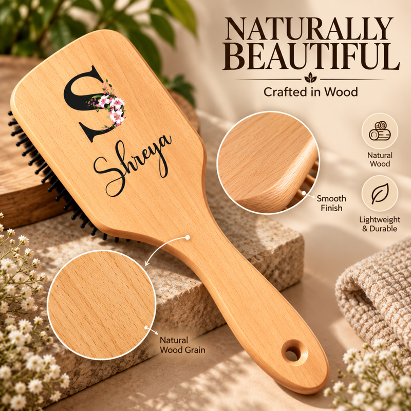 Personalised Bamboo Bristle Hair Brush | Natural Wooden Hair Brush